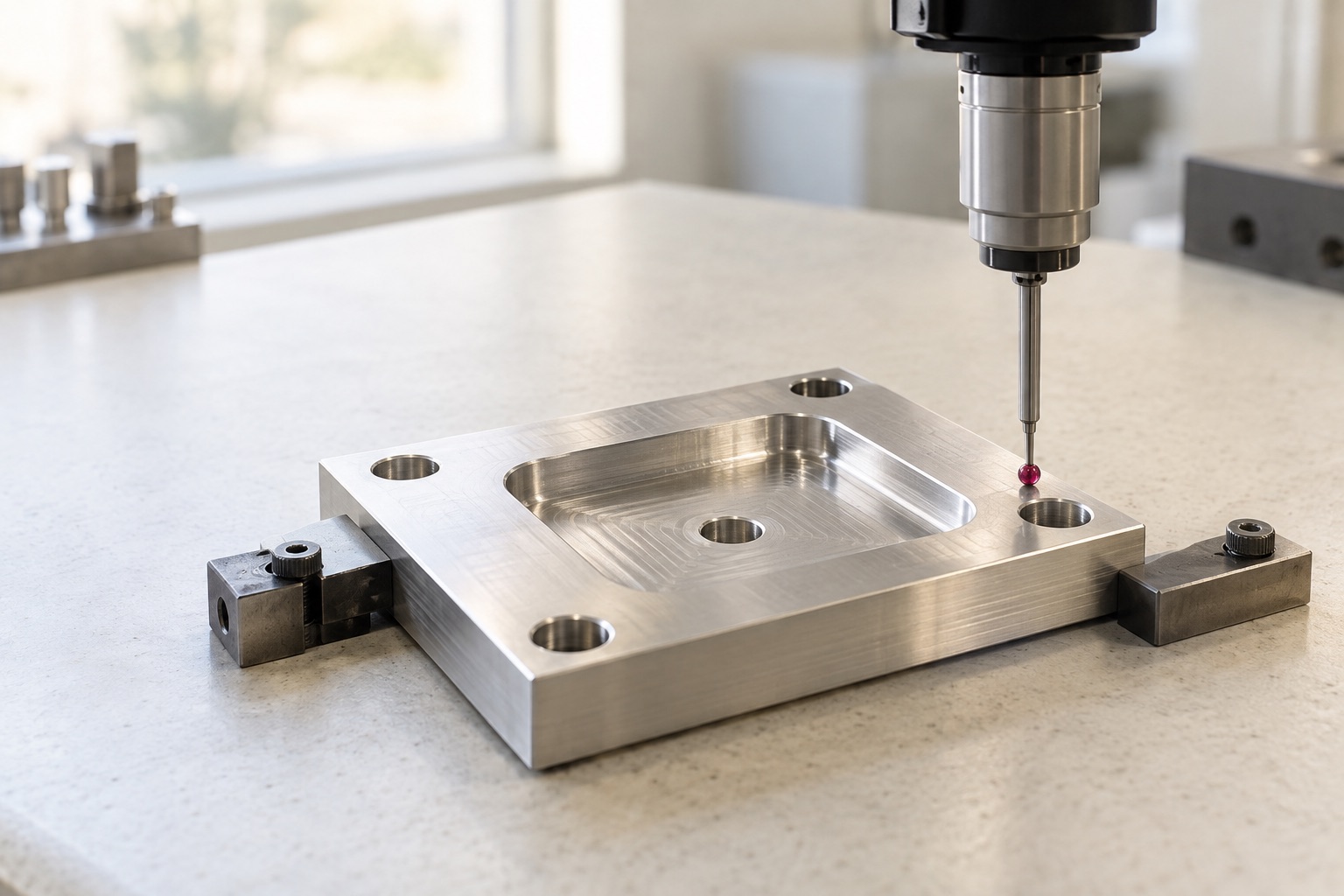 A measuring probe inspecting a machined aluminum mounting plate